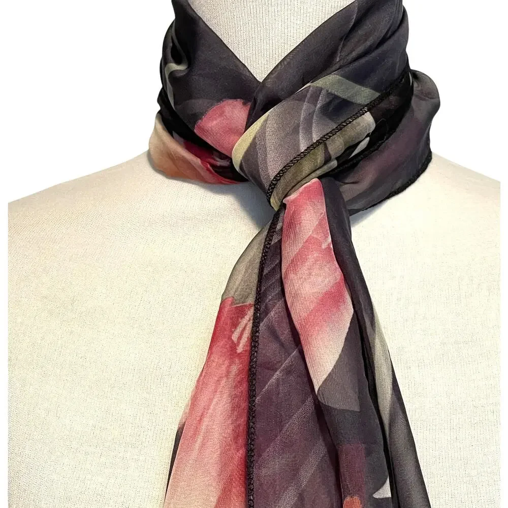 Navy & Pink Tulip Scarf Womens Rectangle Sheer Lightweight Floral 58